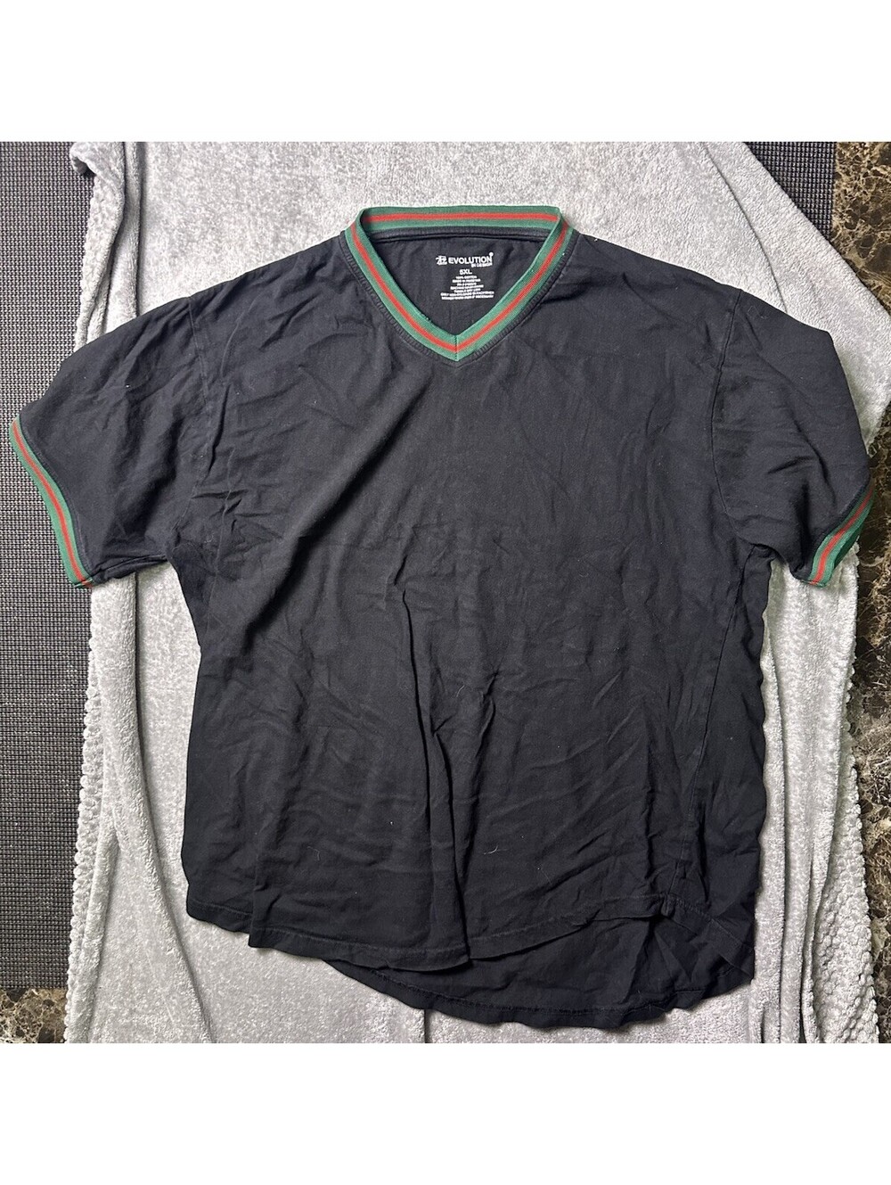 Evolution In Design Mens 5XL Black V Neck T Shirt Green Red Stripe Ringer
